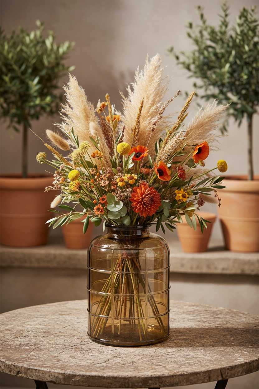 Glasvas med blommor – mediterran miljö