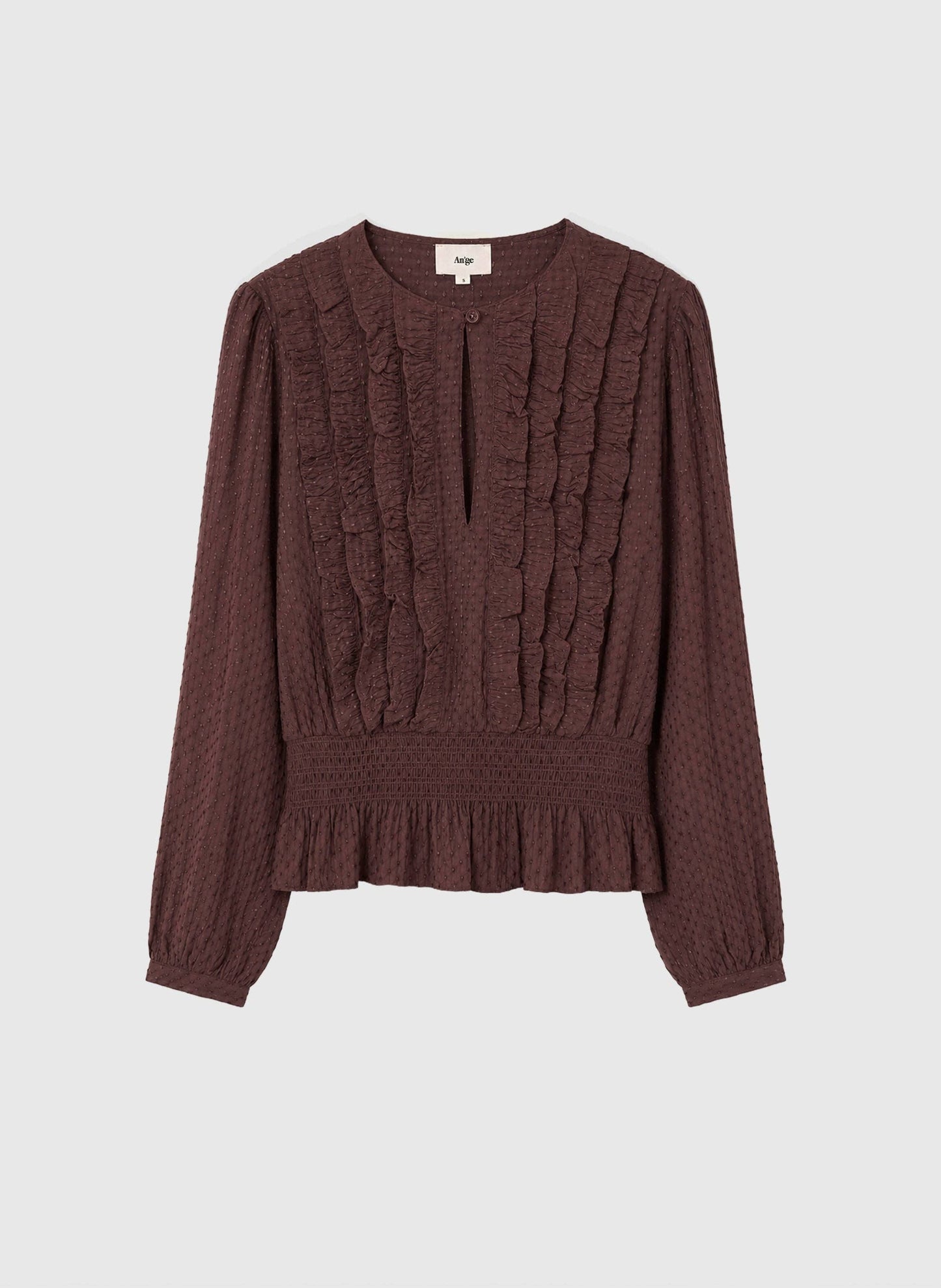 Sadiane – Brun blus med volanger och smockad midja