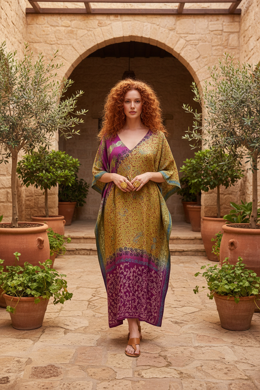 Kaftan på rödhårig modell