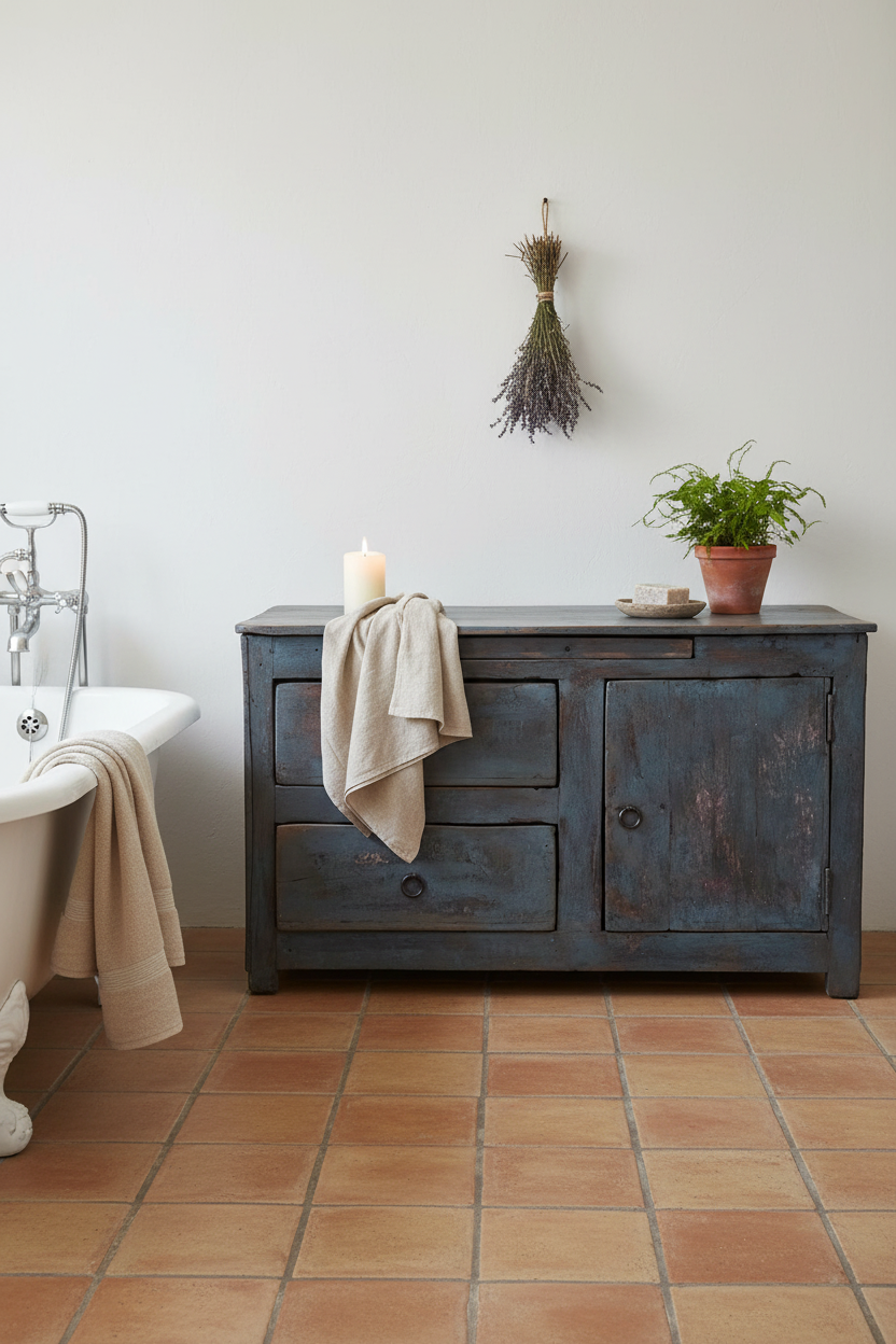 Patinerad byrå med lavendel på väggen