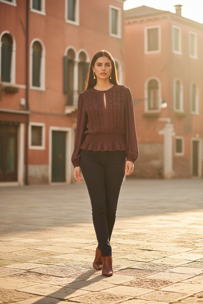 Sadiane – Brun blus med volanger och smockad midja